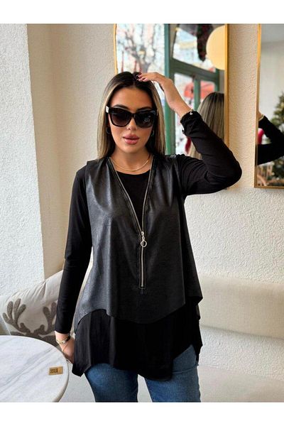 hepimiz alalım Asymmetrical Cutout Viscose Blouse and Zippered Leather Vest - Long Sleeve Set