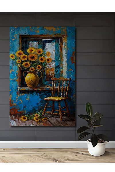 Teona Ahşap Günebakanlar și scaun din lemn MDF, pictură decorativă din lemn MDF, pictură dreptunghiulară