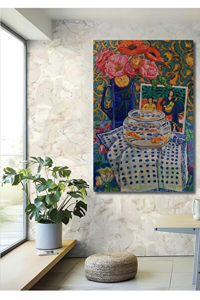 Teona Ahşap Pictură decorativă din lemn MDF cu flori colorate și pește auriu Pictură dreptunghiulară