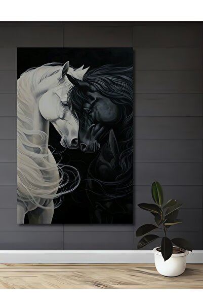 Teona Ahşap Beyaz ve Siyah At Dekoratif Ahşap MDF Ev/İşyeri Duvar Tablo Dikdö...