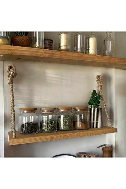 VOBU HOME & LIFE DESIGN Ahşap Dekoratif Duvar Rafı- Mutfak ve Banyo Rafı - Halat Askılı Kitap Rafı