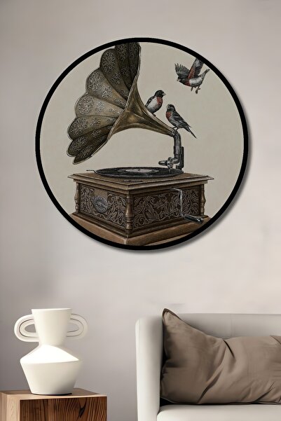 Frame Look Vintage Gramophone and Birds Decorative Wood MDF Table Round Table