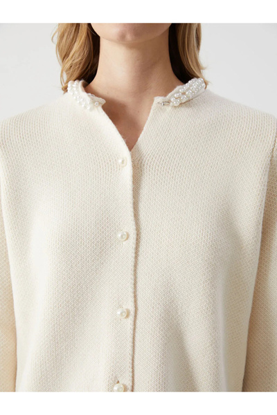 LC Waikiki Ecru Crew Neck Stone Women's Knitwear Cardigan