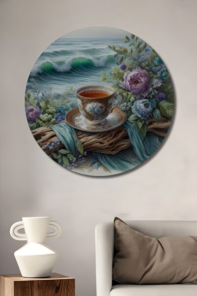 Teona Ahşap Ceașă de ceai cu flori, vedere la mare, pictură decorativă din lemn MDF, pictură rotundă