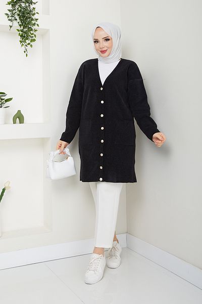 Pamuk Butik Γυναικεία Ζακέτα Πλεκτό με βελούδινο νήμα σενίλ με τσέπες