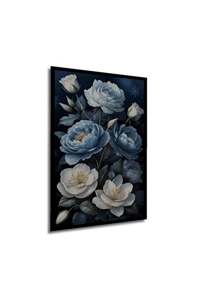 Teona Ahşap Çerçeve Görünümlü Mavi Beyaz Güller Dekoratif Ahşap MDF Ev Duvar Tablo Dikdörtgen Ev Duvar Tablo