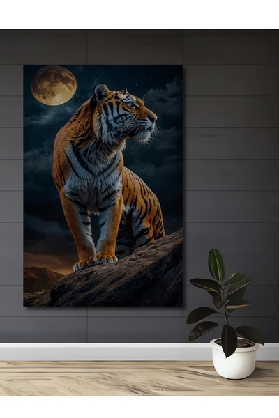 Teona Ahşap Ay Işığında Kaplan Dekoratif Ahşap MDF Ev/İşyeri Duvar Tablo Dikd...