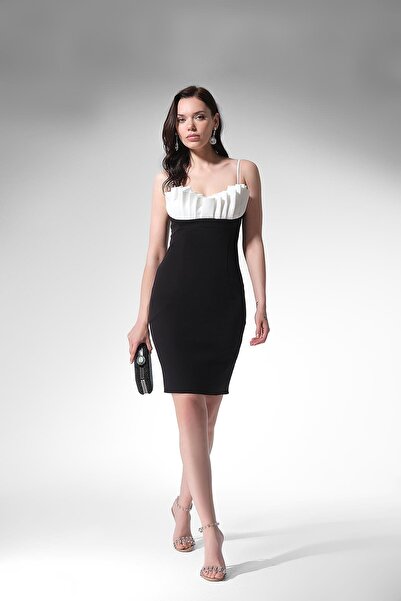 EXPLOSION Kontrast Renk Detaylı Göğüsü Pili Detaylı Mini Elbise