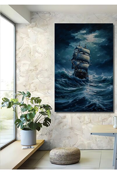 Teona Ahşap Fırtınalı Denizlerde Yelkenli Ahşap MDF Dekoratif Tablo Dikdörtge...