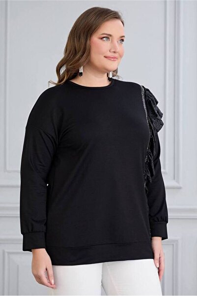 FOR ESRA BIG TREND Γυναικεία μπλούζα από ψεύτικο δέρμα με βολάν από πέτρα με λεπτομέρεια ελαστική βισκόζη