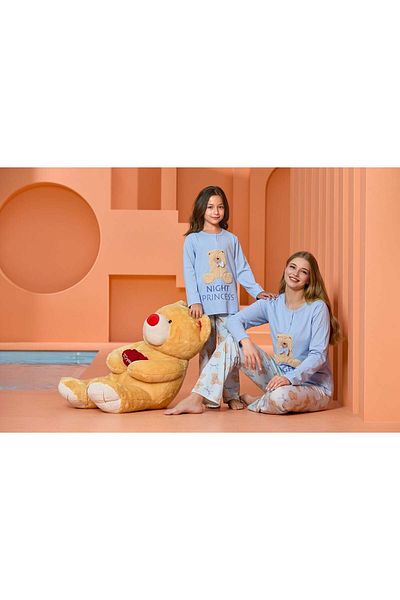 Cossy By Aqua 25482 Set de pijamale pentru fete cu imprimeu ursuleț albastru