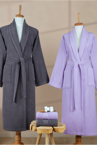 Ellaline Σετ μπουρνούζι 4 τεμαχίων 100% βαμβάκι με πιστοποίηση, Σετ οικογενειακό μπουρνούζι Shalyaka Anthracite - Lilac