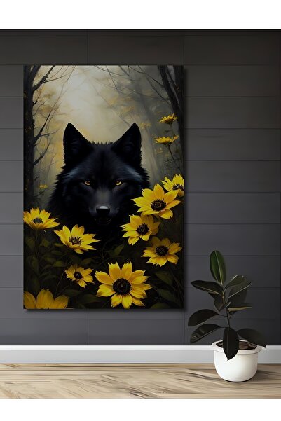 Teona Ahşap Μυστηριώδης Λύκος και Ηλιακά Λουλούδια Διακοσμητικός Πίνακας Ζωγρ...