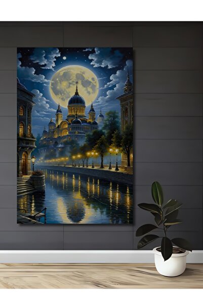 Teona Ahşap Peisaj fermecător al orașului la lumina lunii, pictură decorativă din lemn MDF, pictură dreptunghiulară