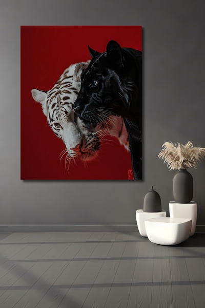 Teona Ahşap Pictură decorativă din lemn MDF Tigru alb și pantera neagră Pictură dreptunghiulară