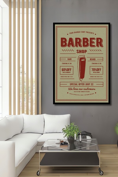 Teona Ahşap Çerçeve Görünümlü Berber Dükkanı Retro Ahşap MDF Dekoratif Ev Duv...