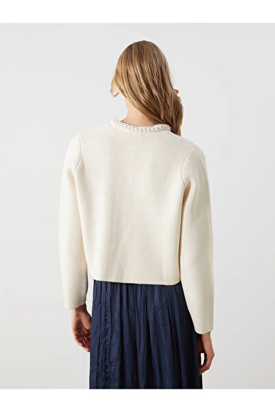 LC Waikiki Ecru Crew Neck Stone Women's Knitwear Cardigan