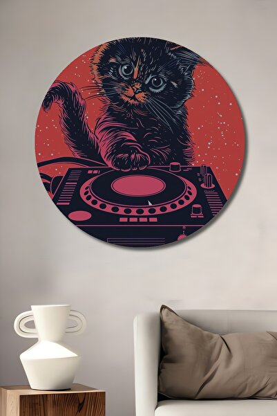 Teona Ahşap DJ pisică Pictură decorativă din lemn MDF pentru perete pentru casă/loc de muncă Pictură rotundă pentru perete pentru casă/loc de muncă