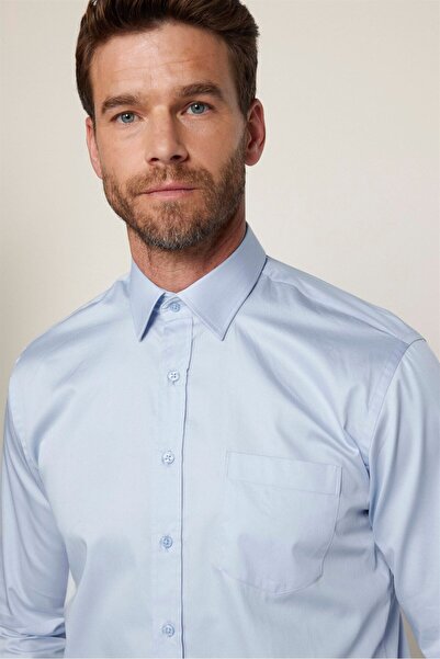Tudors Klasik Fit Uzun Kollu Pamuk Saten Erkek Mavi Gömlek