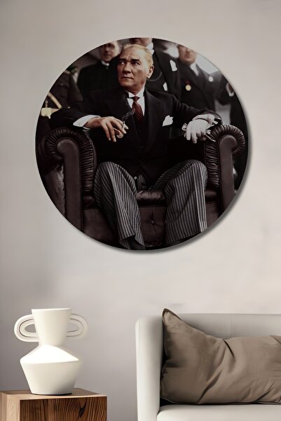 Teona Ahşap Pictură decorativă pe perete din lemn MDF Ataturk pentru casă/loc de muncă Pictură rotundă pe perete pentru casă/loc de muncă