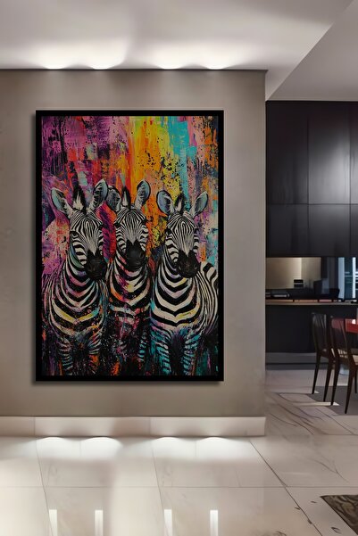 Teona Ahşap Çerçeve Görünümlü Renkli Zebra Sanatı Dekoratif Ahşap MDF Ev Duva...