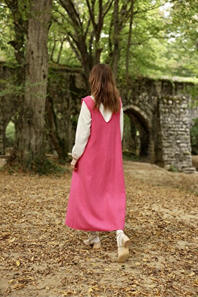 KÜÇÜĞÜM BUTİK Ροζ ραμμένο μακρύ χειμωνιάτικο φόρεμα με λαιμόκοψη V