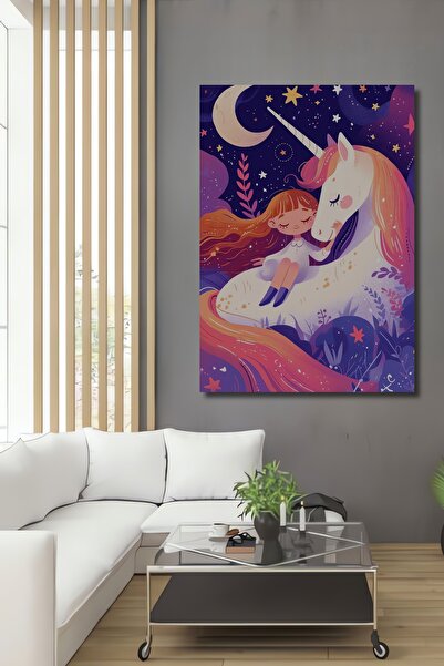 Teona Ahşap Noapte de poveste cu unicorn și fată, pictură decorativă din lemn MDF, pictură dreptunghiulară