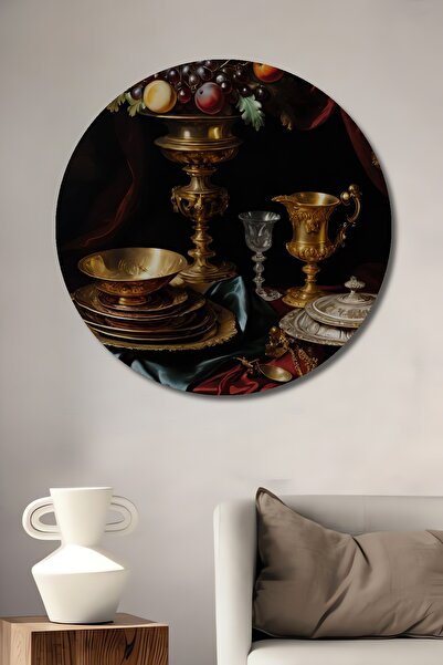 Teona Ahşap Tablouri în stil baroc cu fructe și aur Tablou decorativ din lemn MDF Tablou rotund