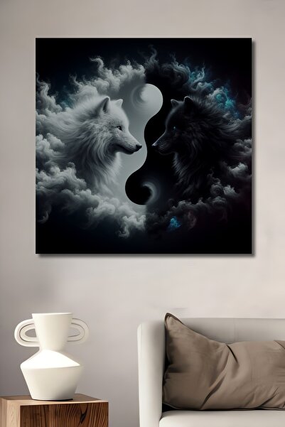 Teona Ahşap Pictură decorativă din lemn MDF, lup alb și negru, Yin Yang, pict...