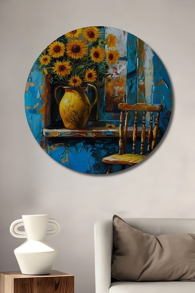 Teona Ahşap Günebakanlar și scaun din lemn MDF, pictură decorativă din lemn MDF, pictură rotundă