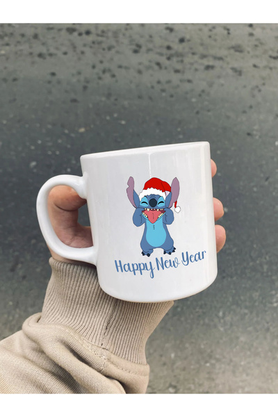 NUBİLUM Yılbaşı Özel Stich Happy Beyaz Hediyelik Porselen Kulplu Kupa
