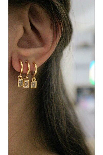 nevamor Çelik Üçlü Görünümlü Gold Dikdörtgen Model Sallantılı Küpe