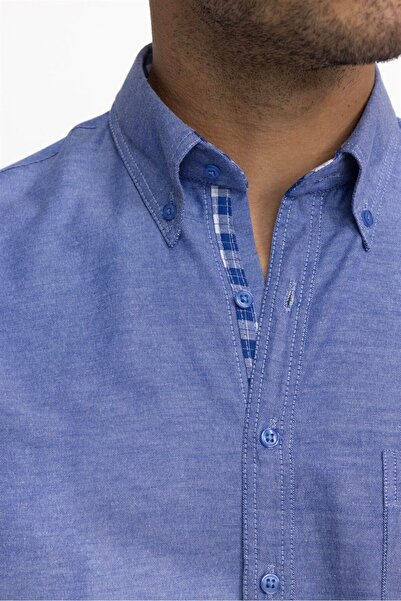 Tudors Erkek Regular Fit Klasik Kesim Pamuklu Oxford Doku Tek Cepli Sax Mavi Düğmeli Yaka Gömlek
