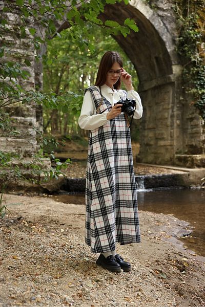 KÜÇÜĞÜM BUTİK Black-White Plaid Long Winter V-Neck Gilet Dress