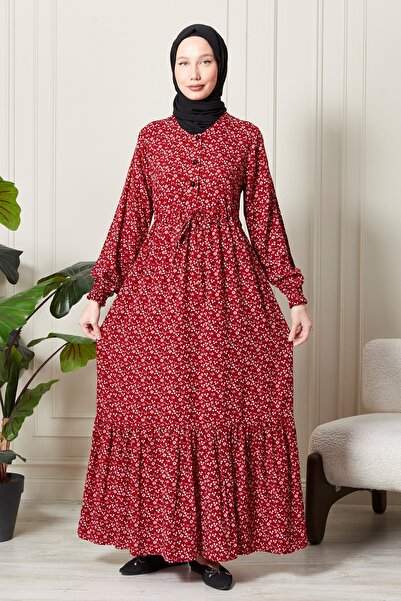 fistan Belden İpli Yarım Patlı Çiçek Desenli Viskon Pamuklu Kumaş Tesettür Elbise Anne Elbise Namaz Elbises