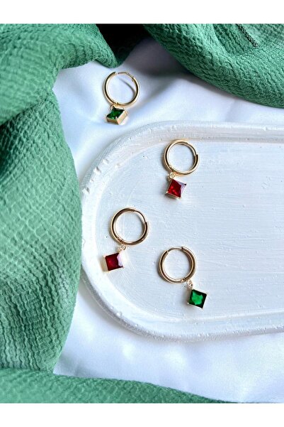 solaris design Kırmızı Altın Rengi Sallantılı Taşlı Çelik Küpe