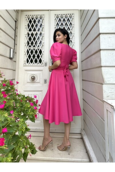 KÜÇÜĞÜM BUTİK Fuşya Rengi Kloş Model Karpuz Kol Krep Elbise