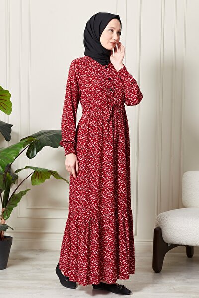 fistan Belden İpli Yarım Patlı Çiçek Desenli Viskon Pamuklu Kumaş Tesettür Elbise Anne Elbise Namaz Elbises