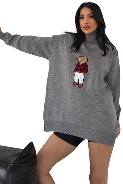 Moda Amore Oversize Women's Knitwear Sweater with Teddy Bear Pattern and Teddy Bear - Turtleneck 650