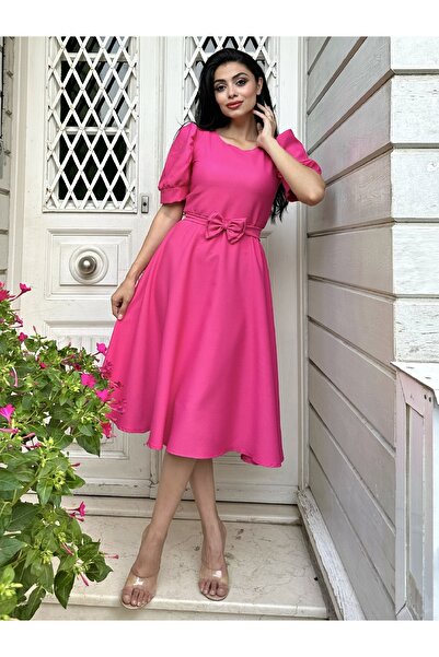 KÜÇÜĞÜM BUTİK Fuşya Rengi Kloş Model Karpuz Kol Krep Elbise