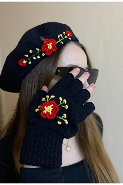 sema aksesuar New Year's Gift Handmade Red Floral Processing Black Painter Be...