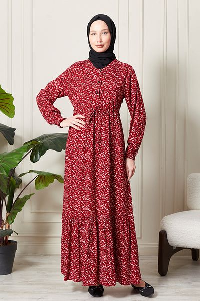 fistan Half Placket Floral Print Viscose Cotton Hijab Dress - Mother and Prayer Dress