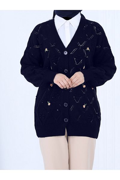Modamorfo Floral Embroidered Buttoned Cardigan with Pompom - Dark