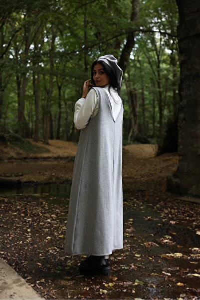 KÜÇÜĞÜM BUTİK Γκρι Χρώμα Stamp Μακρύ χειμωνιάτικο φόρεμα με λαιμόκοψη V και καπέλο Stamp (ΦΟΡΕΜΑ-ΚΑΠΕΛΟ)