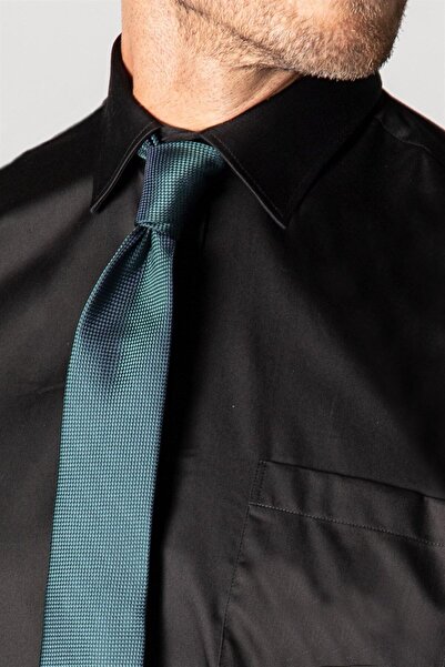 Tudors Klasik Fit Uzun Kollu Pamuk Saten Erkek Siyah Gömlek