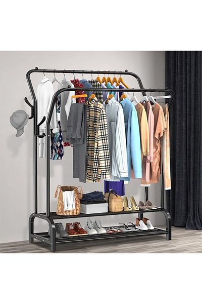 Taimi Freestanding Garment Rack - Double Rails with 2-Tier Storage Shelf, 110x35x146cm Black