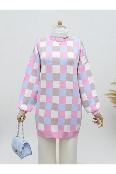 Modamorfo Pink Color Checkered Balloon Sleeve Crew Neck Knitwear Tunic
