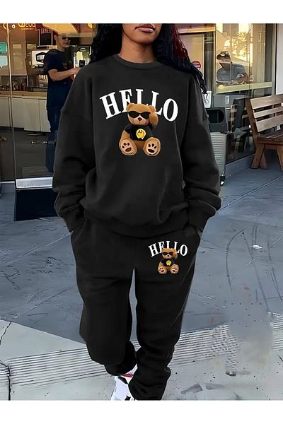 YUVEST Unisex HELLO Φούτερ με λαιμόκοψη με στάμπα + Φούτερ Jogger Σετ φόρμας