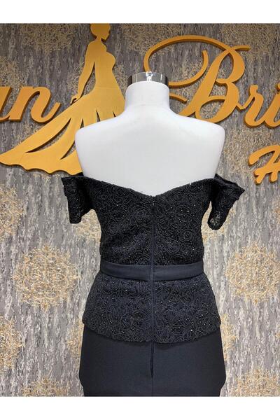 MODA Siyah Kalem Elbise Kolları Düşük Üst Kısmı Güpürlü Abiye Elbise