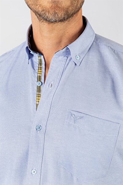 Tudors Erkek Regular Fit Klasik Kesim Pamuklu Oxford Doku Tek Cepli Mavi Düğmeli Yaka Gömlek